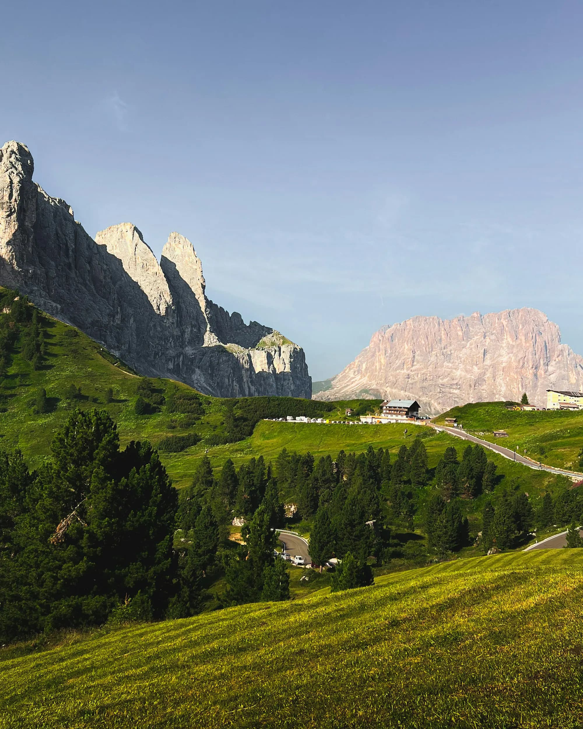 Rock peaks and green slopes above Val Gardena