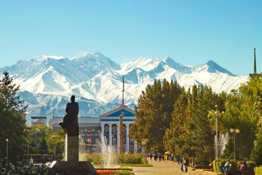 Snow-covered mountains beyond Bishkek